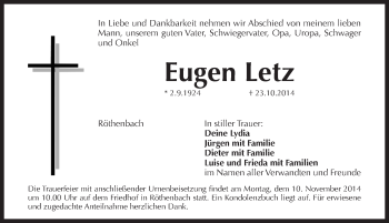 Traueranzeige von Eugen Letz von Pegnitz-Zeitung